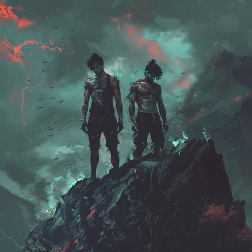 cyberpunk, two handsome dark dramatic characters with shorter black hair and a human-like faces standing on top of a mountain in workout apparel,muscular, dark background with illuminescent bugs in the air around him colored in reds and blues and greens, jagged mountain, distressed, sweaty, torn, motivating, very long shot, dark skies with flashes of reds and whites