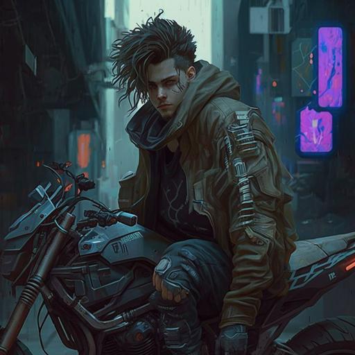 cyberpunk, young male, fashion trend, buff hair, lightsaber, motorcycle, whole body, urban, detailed --v 4