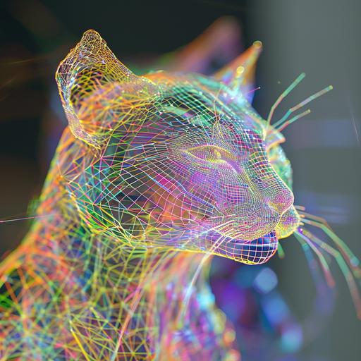 cyborg cat animation by remo, in the style of sol lewitt, edoardo tresoldi, hans zatzka, wireframe hologram, chromatic expressionism, colorful moebius, quantum wavetracking, translucent immersion, photorealistic detail, shallow depth of field --v 6.0 --s 50