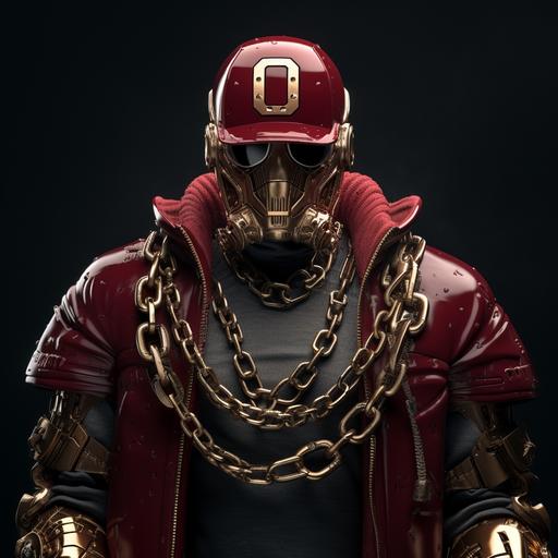 cyborg machine wearing a dark red football helmet and jacket with the letter O on his chest, intimidating, scary, wearing thick gold chain necklace