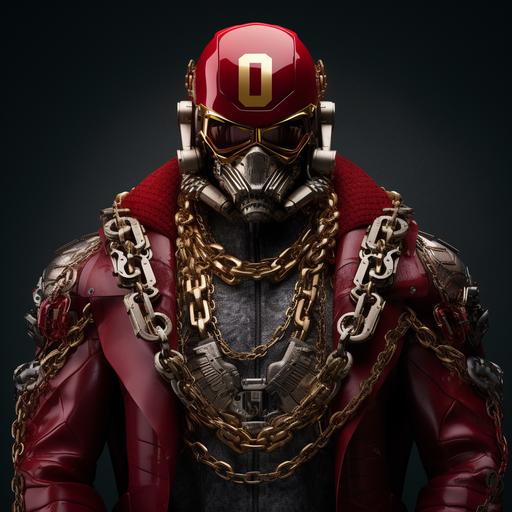 cyborg machine wearing a dark red football helmet and jacket, intimidating, wearing a thick gold chain necklace with the letter O on it