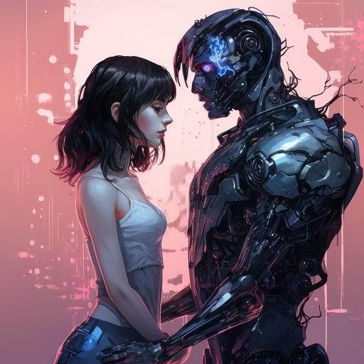 cyborg man with love in heart is thankful to a beautiful emo anime girl