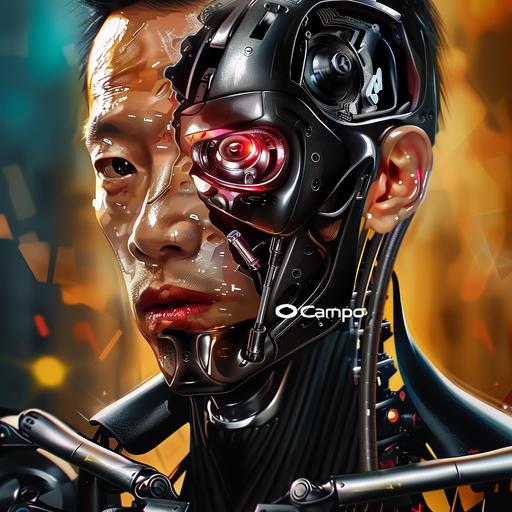 cyborg terminator, asian face, holding an 