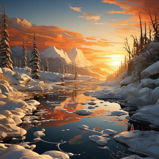 3d cartoon frozen lake landscape, yellow and orange hues Banff Canada, no sun --upbeta --s 750