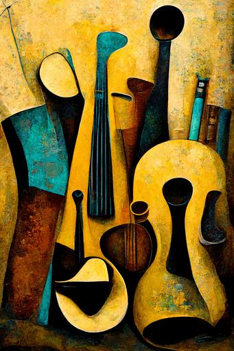 abstract painting of music instruments , in the style of dark yellow and light cyan, textural harmony, orderly symmetry, rough oil portraitures, bentwood, sleek, group material --ar 2:3 --v 3