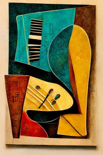 abstract painting of music instruments , in the style of dark yellow and light cyan, textural harmony, orderly symmetry, rough oil portraitures, bentwood, sleek, group material --ar 2:3 --s 6250 --v 3