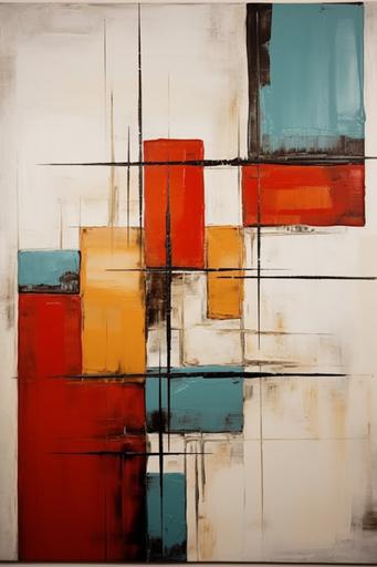 an abstract painting with squares and triangles in it, in the style of light turquoise and dark orange, dark white and dark red, classic composition, modern and sleek, shaped canvas, industrial materials --ar 2:3 --s 50 --v 5.2