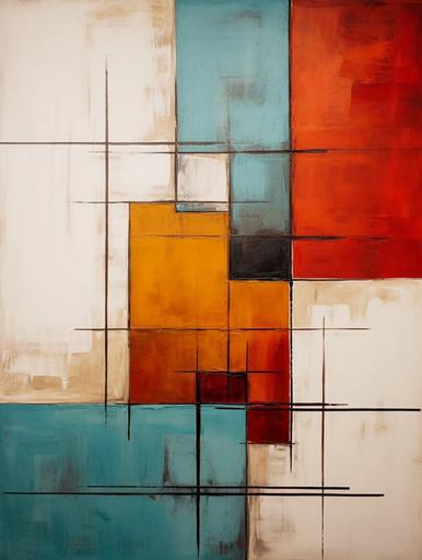 an abstract painting with squares and triangles in it, in the style of light turquoise and dark orange, dark white and dark red, classic composition, modern and sleek, shaped canvas, industrial materials --ar 3:4 --s 50 --v 5.2