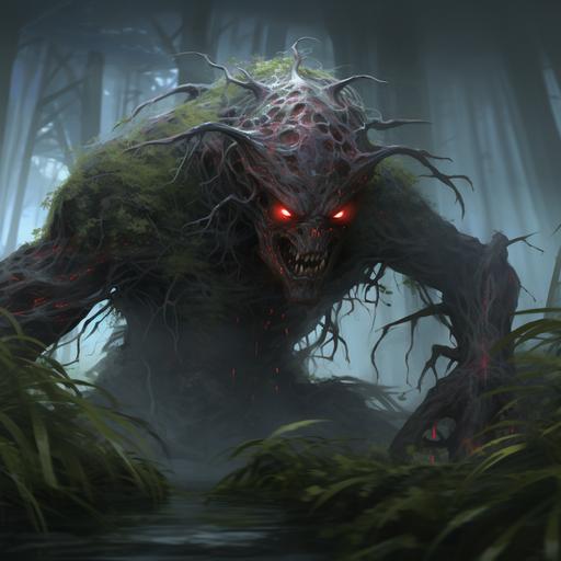 bog monster, mossy overgrowth on its body, large clawed hands, red glowing eyes, artgerm, hi-def, in a swamp, vines and weeds, character
