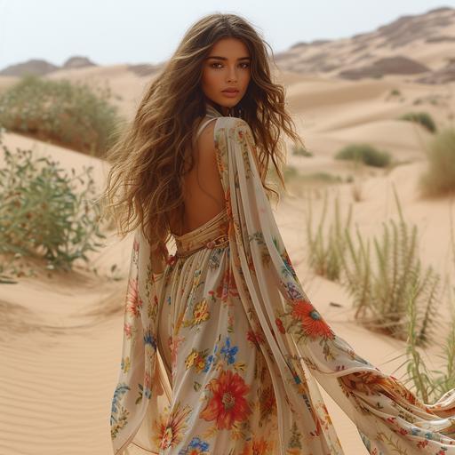 tulip printed dress, Moroccan traditional woman in the desert, walking on sand, Moroccan, style Latifa Echakhch --s 750 --v 6.0