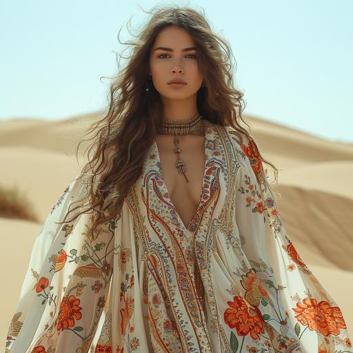 tulip printed dress, Moroccan traditional woman in the desert, walking on sand, Moroccan, style Latifa Echakhch --s 750 --v 6.0