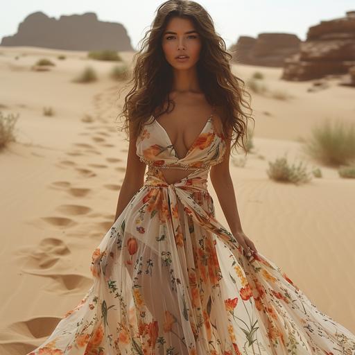 tulip printed dress, woman in the desert, walking on sand, Moroccan, style Latifa Echakhch --s 750 --v 6.0
