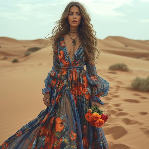 tulip printed traditional dress, Moroccan traditional woman in the desert, walking on sand, Moroccan view, style Jilali Gharbaoui --s 750 --v 6.0