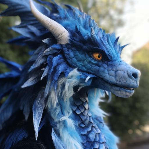 Blue fluffy dragon head with snake body and wolf tail looking into the distant made into a puppet