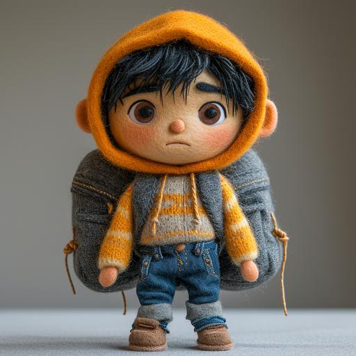 hand made stop motion puppet made from felt and handsewn of a young Indian boy character, wearing jeans, a hoodie and t-shirt and wearing a school backpack standing in front of a white background, with his eyes, nose and mouth hand stitched in the style of Laika studios --s 1000 --v 6.0