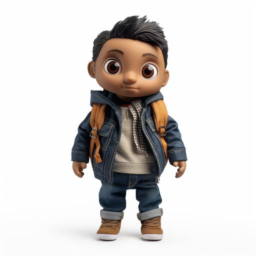 hand made toy of a very young Indian boy character, wearing jeans, a hoodie and t-shirt and wearing a school backpack standing in front of a white background, his eyes, nose and mouth hand sewn