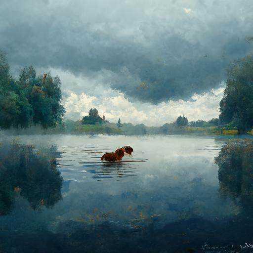dachshund swimming in a lake cloudy day ancient