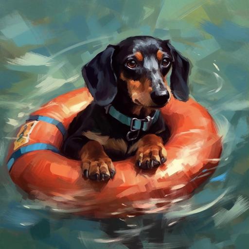 A dachshund swims in a pool with a life preserver，Children's painting style，-- ar 3:4 --q 2 --v 5 --s 750