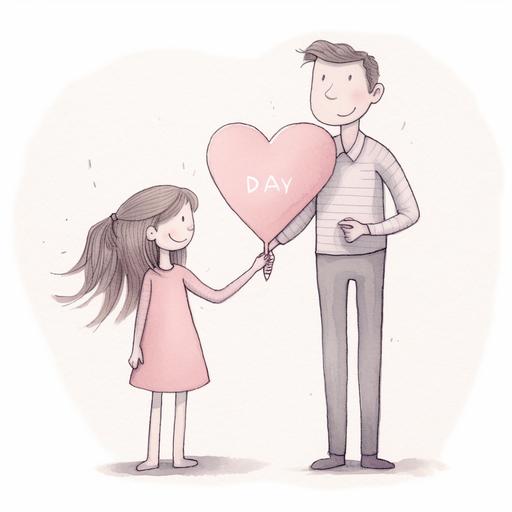 dad and daughter, Girl hold a card in hand, a heart shape card to Dad, both in delighted smile, in the style of dadaistic, light pink and gray; in pencil