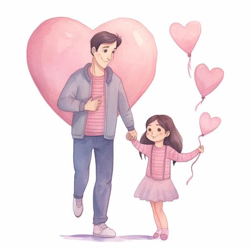 dad and daughter, Girl hold a card in hand, a heart shape card to Dad, both in delighted smile, in the style of dadaistic, light pink and gray; in pencil