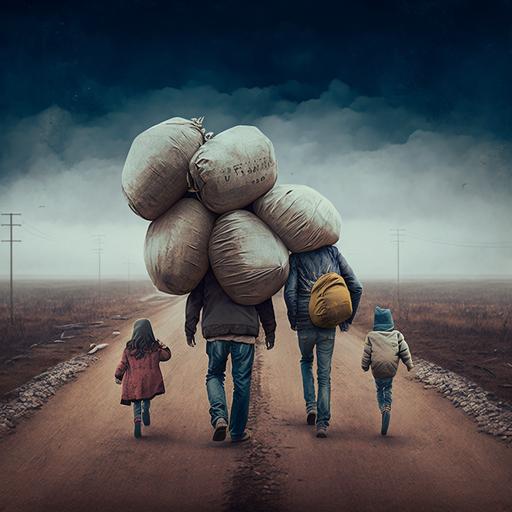 dad, mom, son and daughter walking down a desolate road, each one carrying a big load on his back