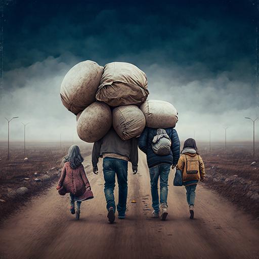 dad, mom, son and daughter walking down a desolate road, each one carrying a big load on his back