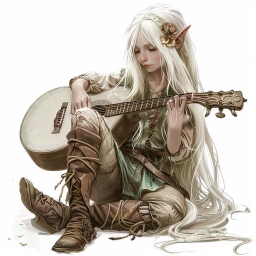 female elf bard, white long hair, funny cartoon art --v 6.0