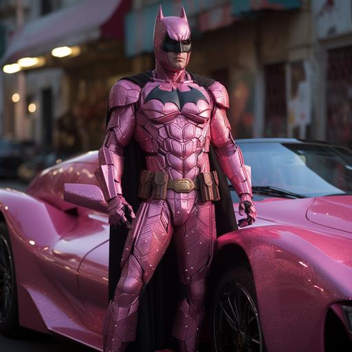 all pink glittery spandex suit on Batman. With a pink Batmobile with matte Hot Pink wheels. In Gotham. Bat signal in the sky.