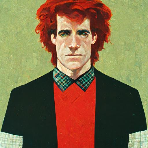 man with green eyes and red hair, tall, with a red checkered shirt, black pants with a black belt, and a Grey shirt