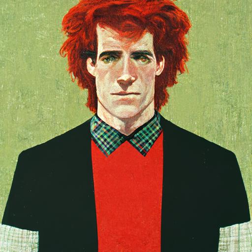 man with green eyes and red hair, tall, with a red checkered shirt, black pants with a black belt, and a Grey shirt