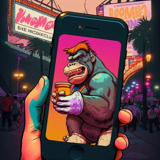 colorful funny donkey kong, with the face of not having done anything, but with an iPhone 14 with a broken screen in his hand. hollywood street of fame background