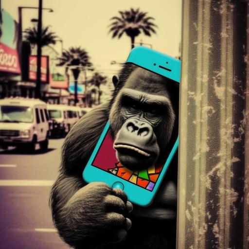 colorful funny donkey kong, with the face of not having done anything, but with an iPhone 14 with a broken screen in his hand. hollywood street of fame background