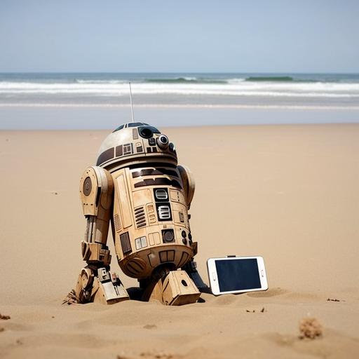 robot tipo star wars con un móvil iPhone con la pantalla rota, en una playa y con el fondo bifuminado