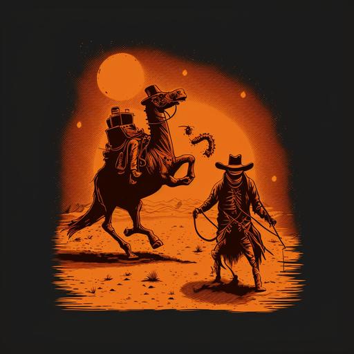 camel dancing in the dark orange desert with cowboy in vintage black drawing
