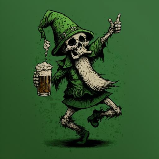 dancing skeleton, dabbing, beer glass, big green gnome hat, comic, without background, grunged