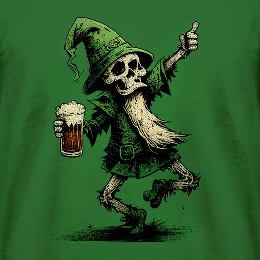 dancing skeleton, dabbing, beer glass, big green gnome hat, comic, without background, grunged