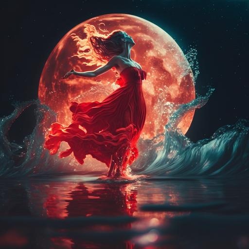 dancing tango with red dressed woman on a water,light water splash,bright red moon in the background,GLSL-Shaders photorealistic 8k,Sony a7r iii , --v 4 --q 2