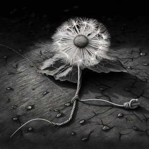 dandelion flower, dandelion seeds, wish, morning, lightning, earthworm, train, sidewalk, dog dung, aglet, shoelace, black and white, line drawing, hyperrealistic