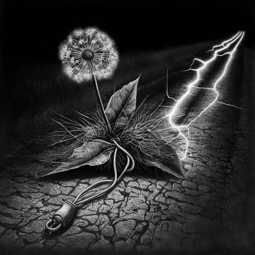 dandelion, seeds, wish, morning, lightning, earthworm, train, sidewalk, dog dung, aglet, shoelace, black and white, line drawing, medieval, hyperrealistic