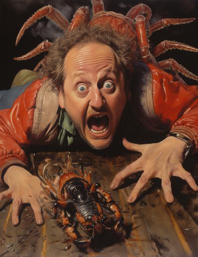 daniel stern in home alone, lying on the ground screaming with a tarantula on his face --ar 85:110