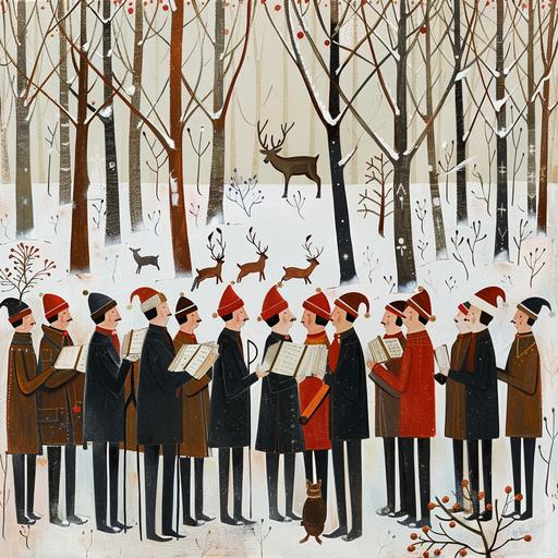 an abstract image of a choir, consisting of fourteen very different men, in a forest with snow, depicting silence, joy and christmas, give two of the men christmas hats and let one deer and one rabbit run around and two birds in the trees