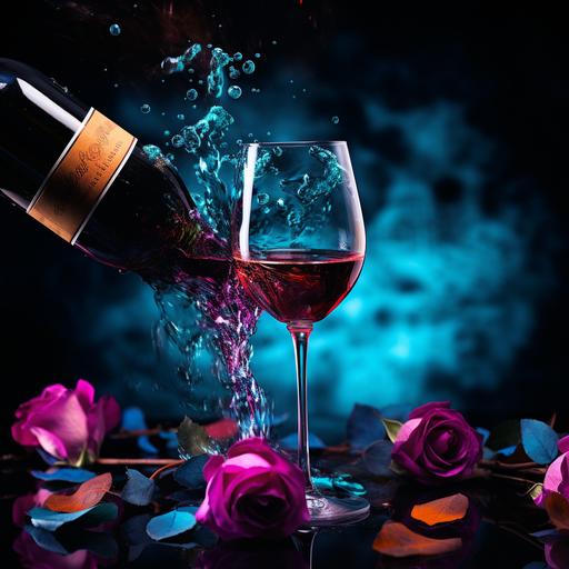 photo of a bottle of wine, Dutch angle, close-up, with a glass of wine, warm lighting, purple and cyan blue colors, black background, falling rose petals, size 3940x2160