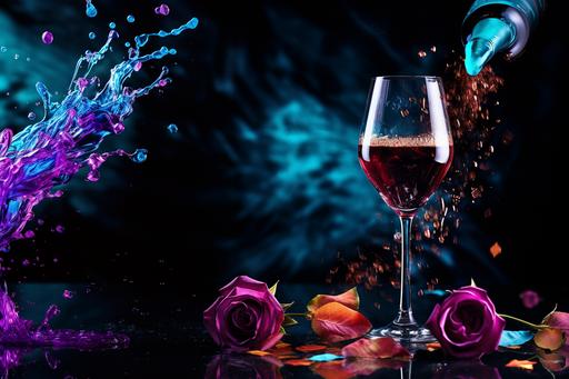 photo of a bottle of wine, Dutch angle, close-up, with a glass of wine, warm lighting, purple and cyan blue colors, black background, falling rose petals, size 3940x2160