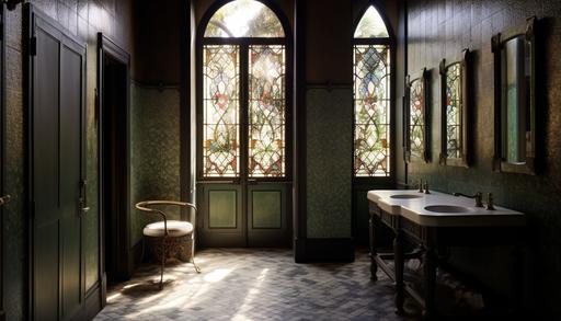 dappled shadow, stained glass doors, divine monsoon style interior, Paris public restroom, double story void with mezzanine , polished terrazzo floor, photography in style of nate berkus, romina ressia, bruce weber, james christensen, H.r. giger , 16K, HD --ar 7:4 --q 4 --s 750 --c 55