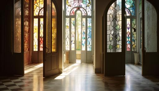 dappled shadow, stained glass doors, divine monsoon style interior, Paris public restroom, double story void with mezzanine , polished terrazzo floor, photography in style of nate berkus, romina ressia, bruce weber, james christensen, H.r. giger , 16K, HD --ar 7:4 --q 4 --s 750 --c 55