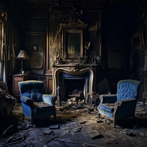 daring teenagers ventured deeper into the darkness of an abandoned mansion using flash lights that reveals the dust, and cobweb covered furniture in forgotten rooms.
