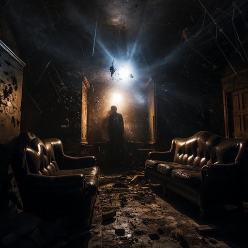 daring teenagers ventured deeper into the darkness of an abandoned mansion using flash lights that reveals the dust, and cobweb covered furniture in forgotten rooms.