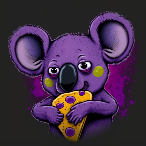 dark and angry purple koala realistic with big eyes, eating pizza with pepproni A wicked smile