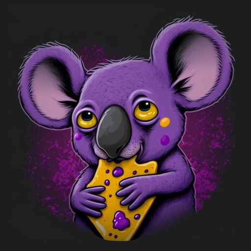 dark and angry purple koala realistic with big eyes, eating pizza with pepproni A wicked smile