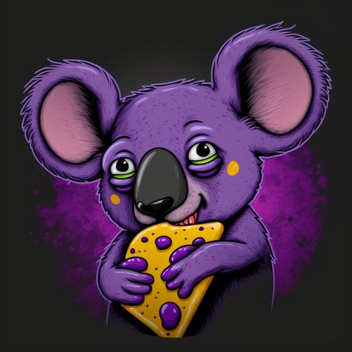 dark and angry purple koala realistic with big eyes, eating pizza with pepproni A wicked smile